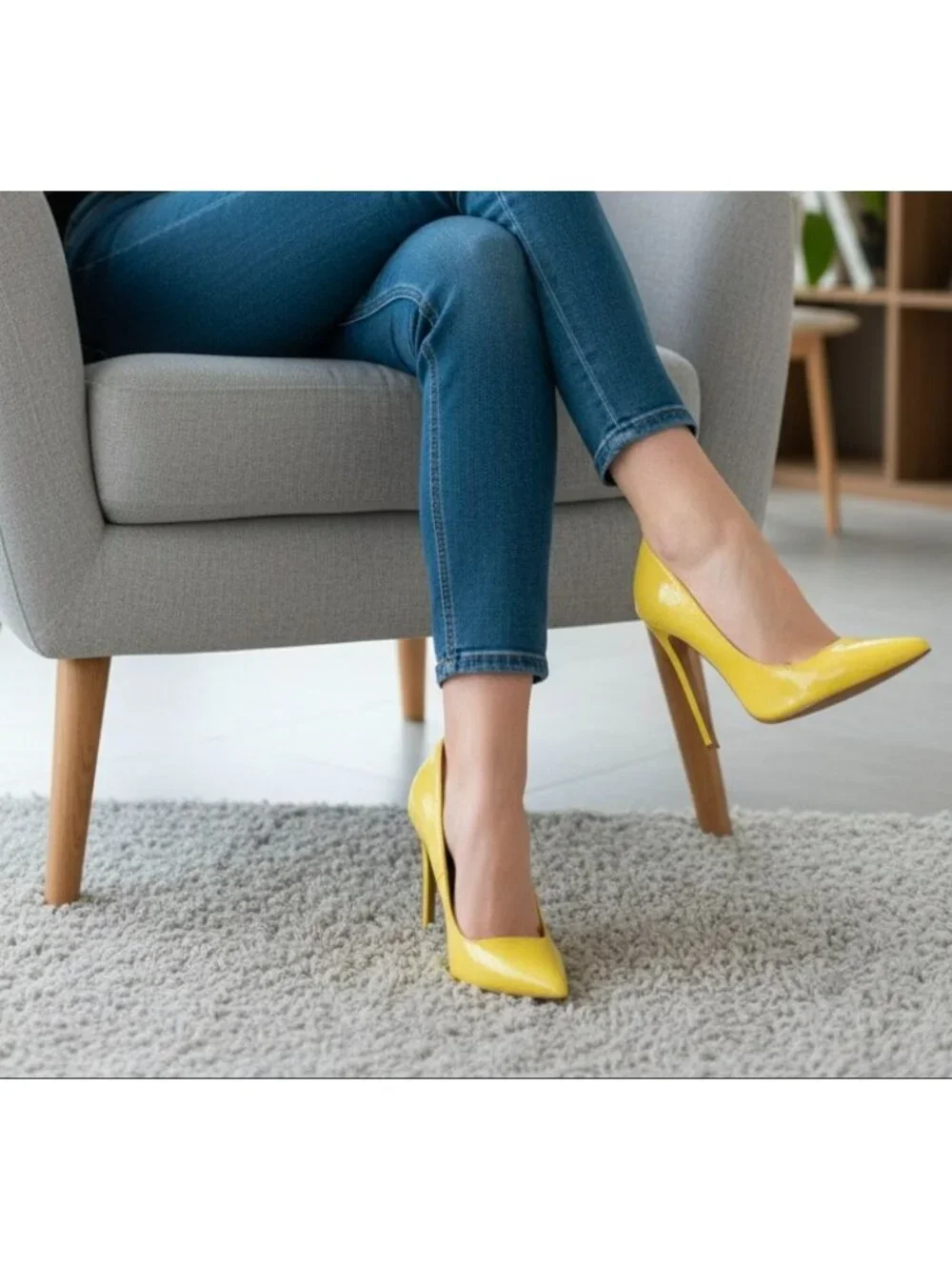 Yellow High Heel Pumps With Faux Snakeskin Texture & Pointed Toe Design